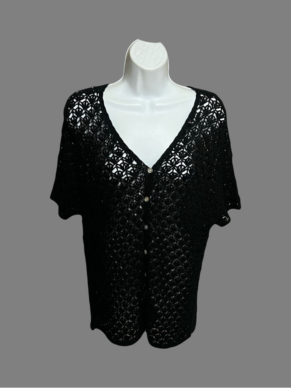 New York & Company Black Crochet V-Neck Button Front Sweater